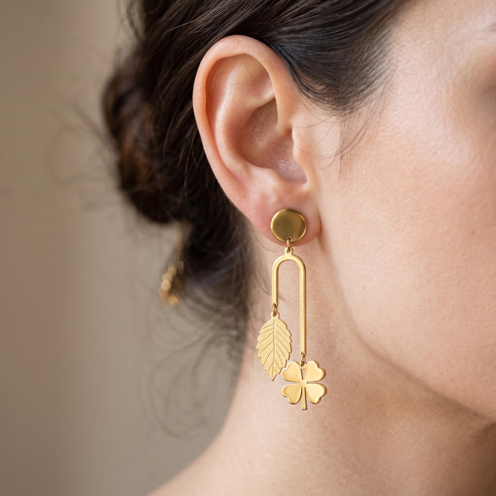 Lucky Clover & Leaf Drop Earrings - Gold | Tia Maison Egypt