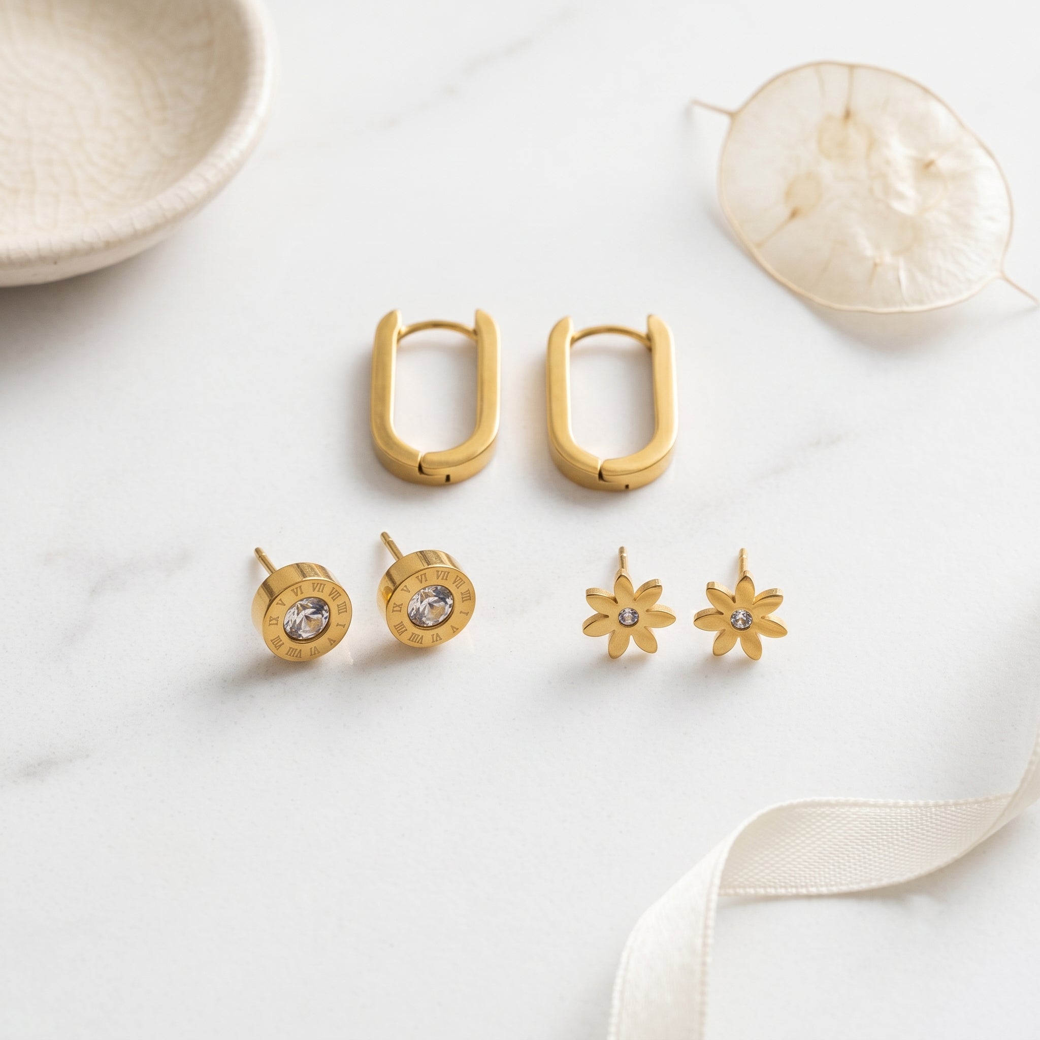 3-Pair Gold Stainless Steel Earring Set | Tia Maison Egypt Main image