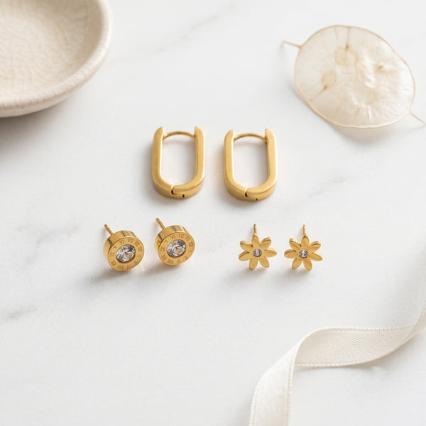 3-Pair Gold Stainless Steel Earring Set | Tia Maison Egypt
