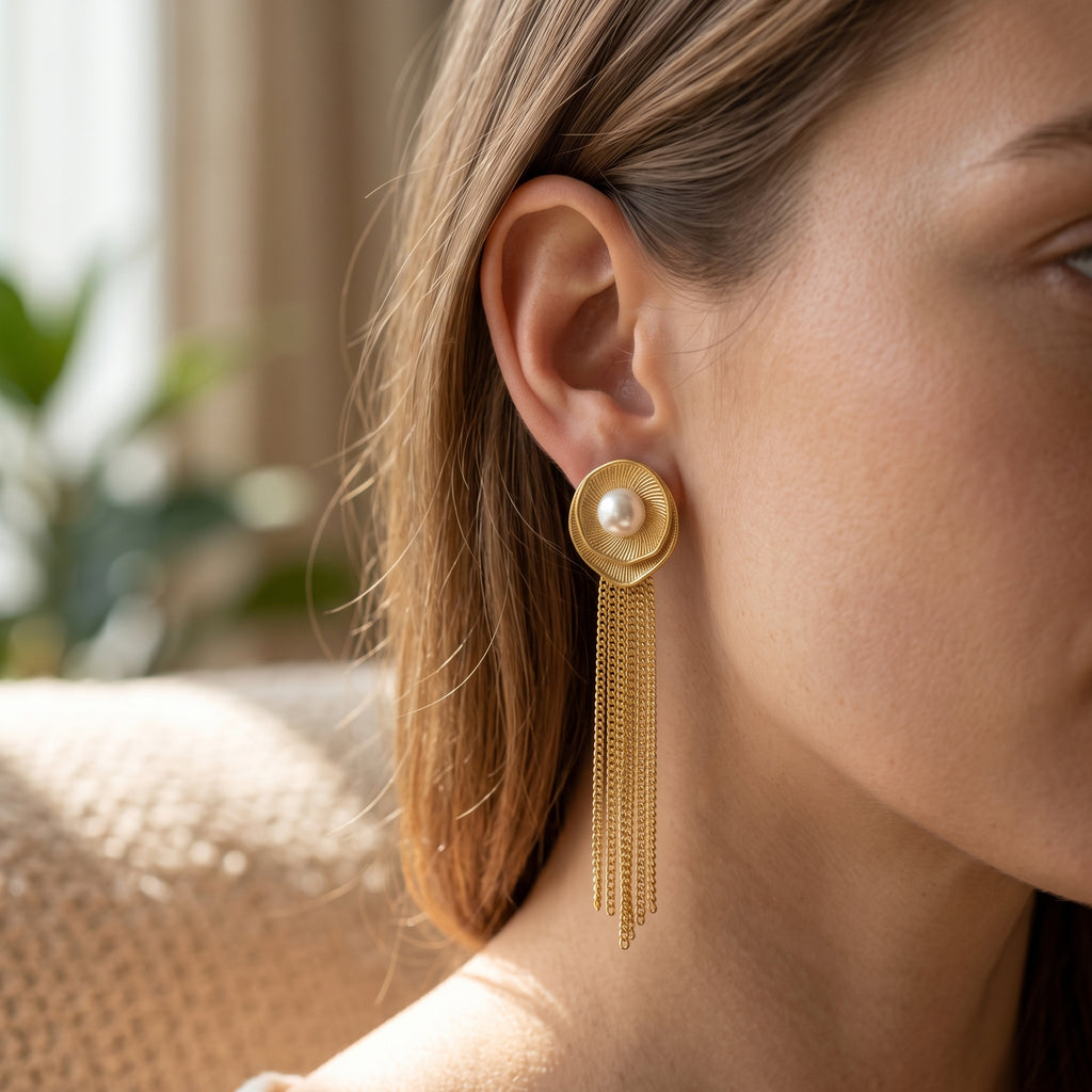 Pearl Tassel Statement Earrings - Gold | Tia Maison Egypt